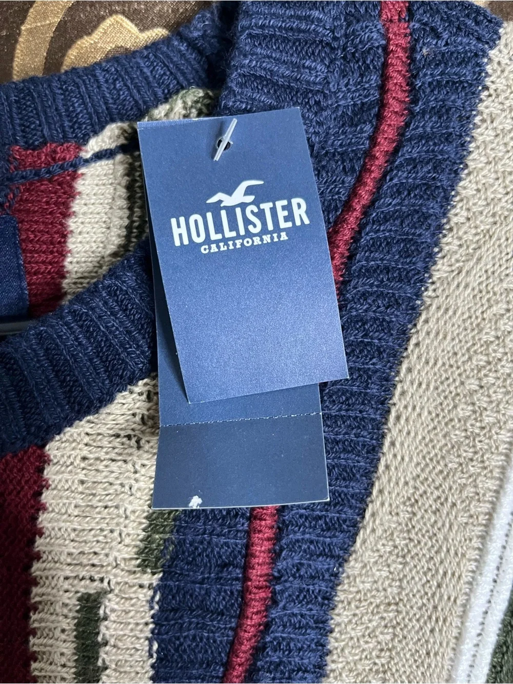 Hollister Men's Striped Crewneck Sweater - Navy, Cream, Burgundy, Olive